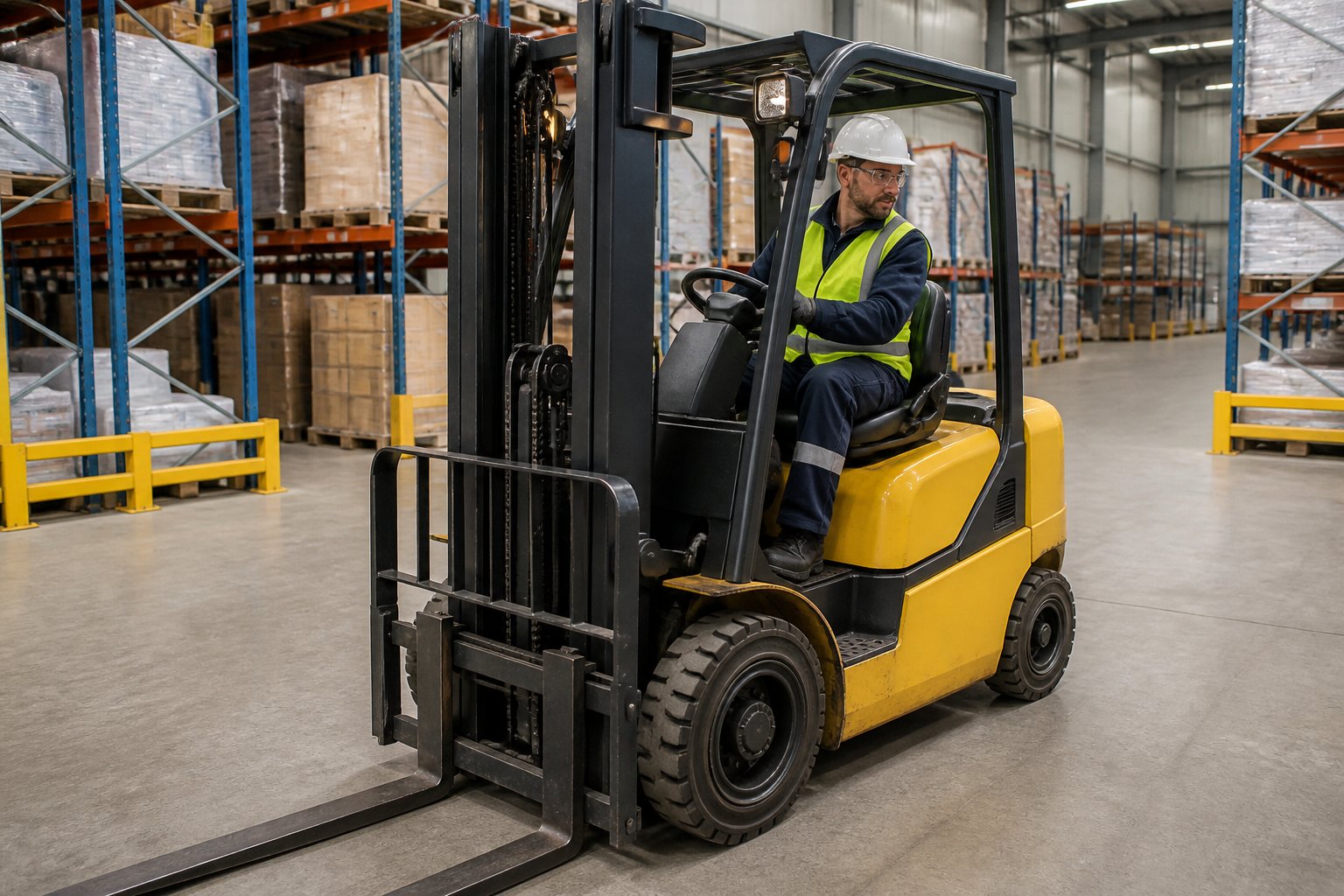 Certified forklift operator driving a forklift through an organized warehouse.