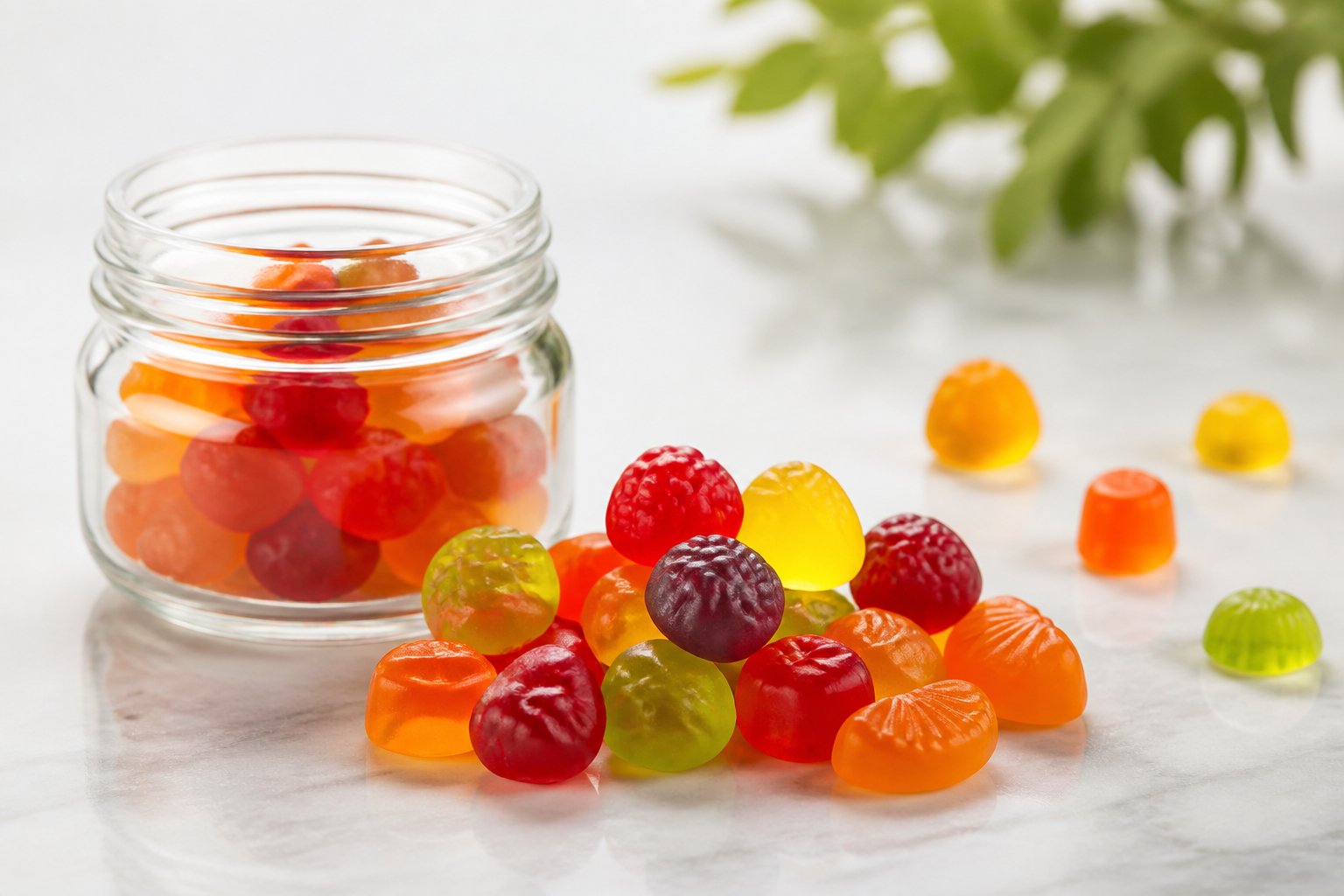 Colorful gummy multivitamins arranged beside an open container on a light surface.
