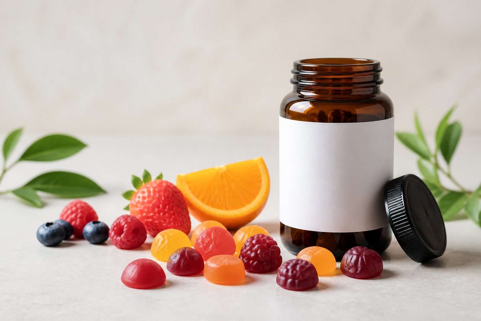 Colorful multivitamin gummies arranged beside an unbranded supplement bottle with fruit and leaves.