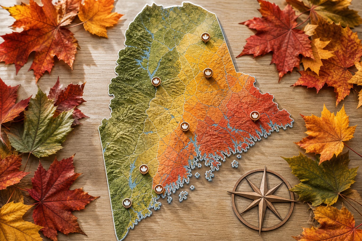 A raised map-shaped outline of Maine surrounded by colorful autumn leaves on a wooden surface.