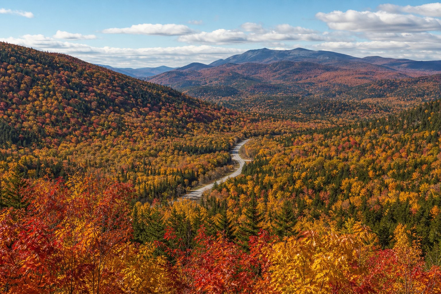 A scenic Maine landscape of rolling forested hills covered in vivid peak autumn foliage.