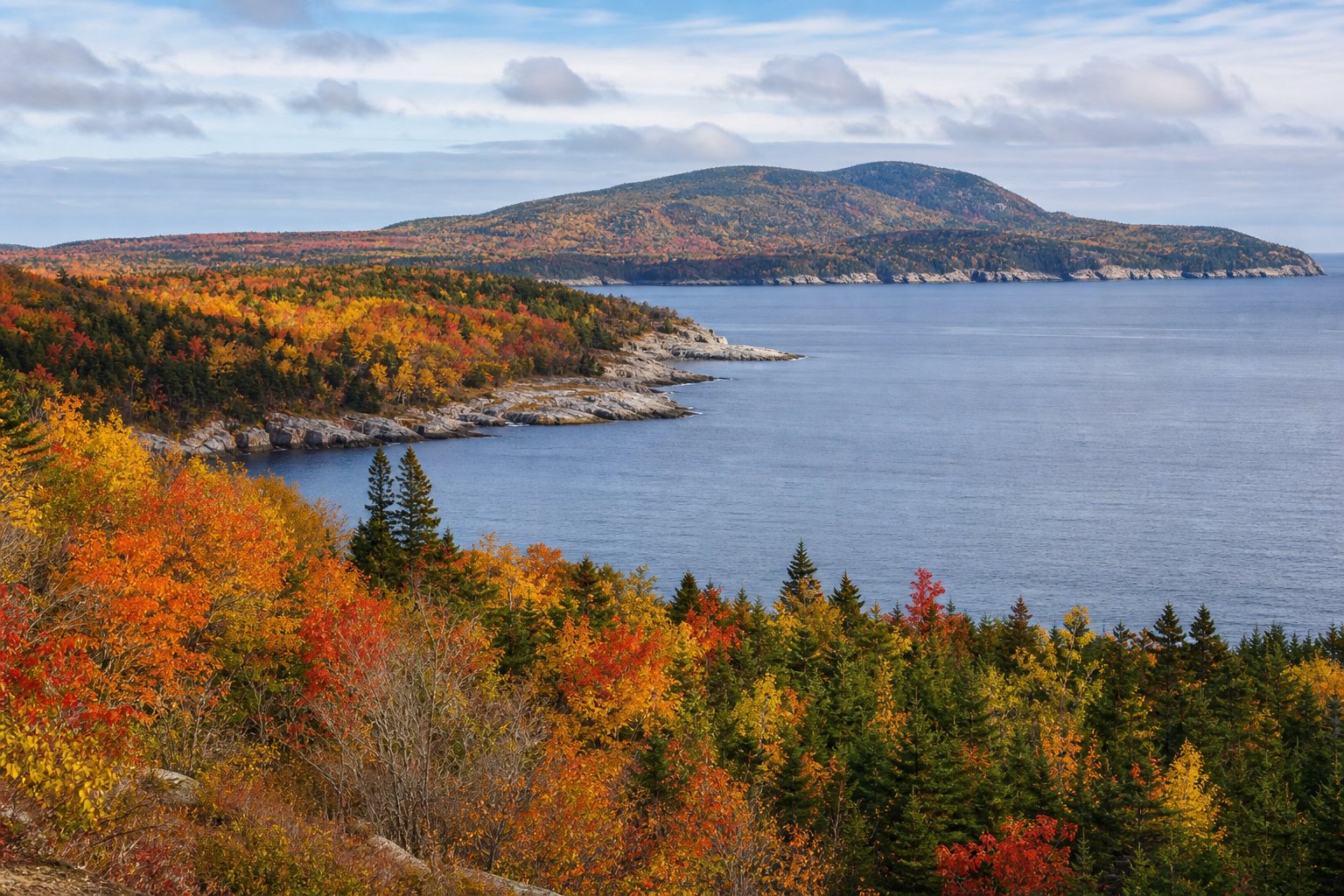 A Maine coastline bordered by forests in vibrant peak autumn colors.