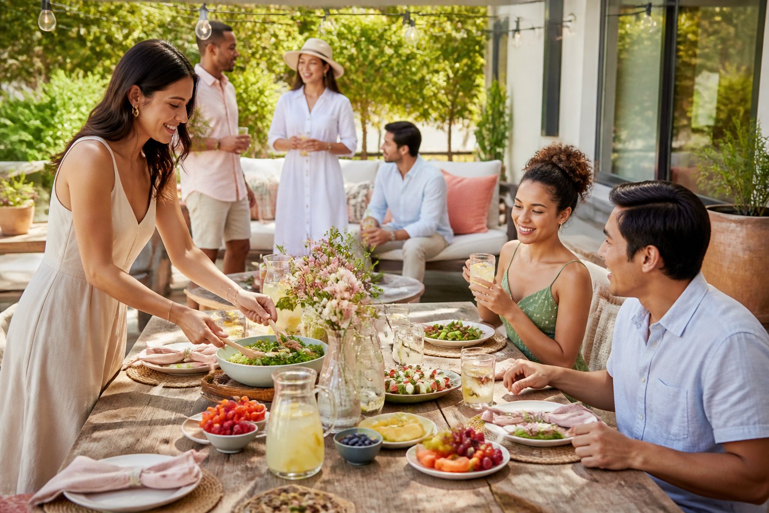 Friends gather around a decorated patio table during an outdoor party.