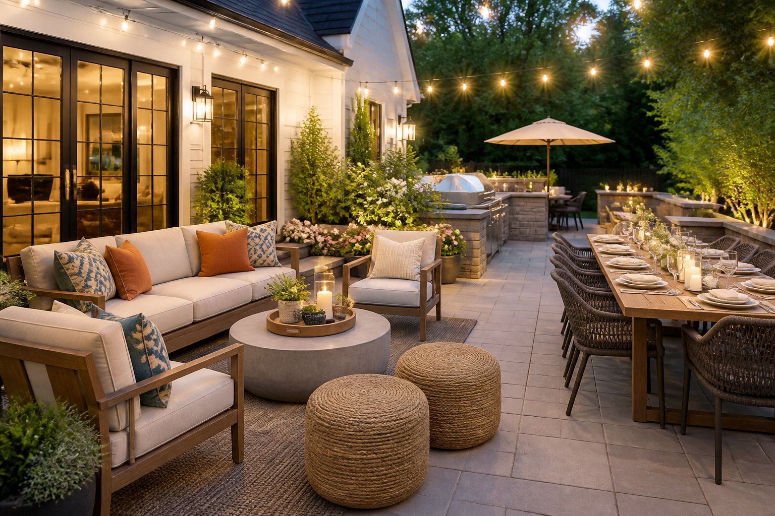 A welcoming patio arranged with comfortable seating, a dining table, refreshments, plants, and warm outdoor lighting for entertaining guests.