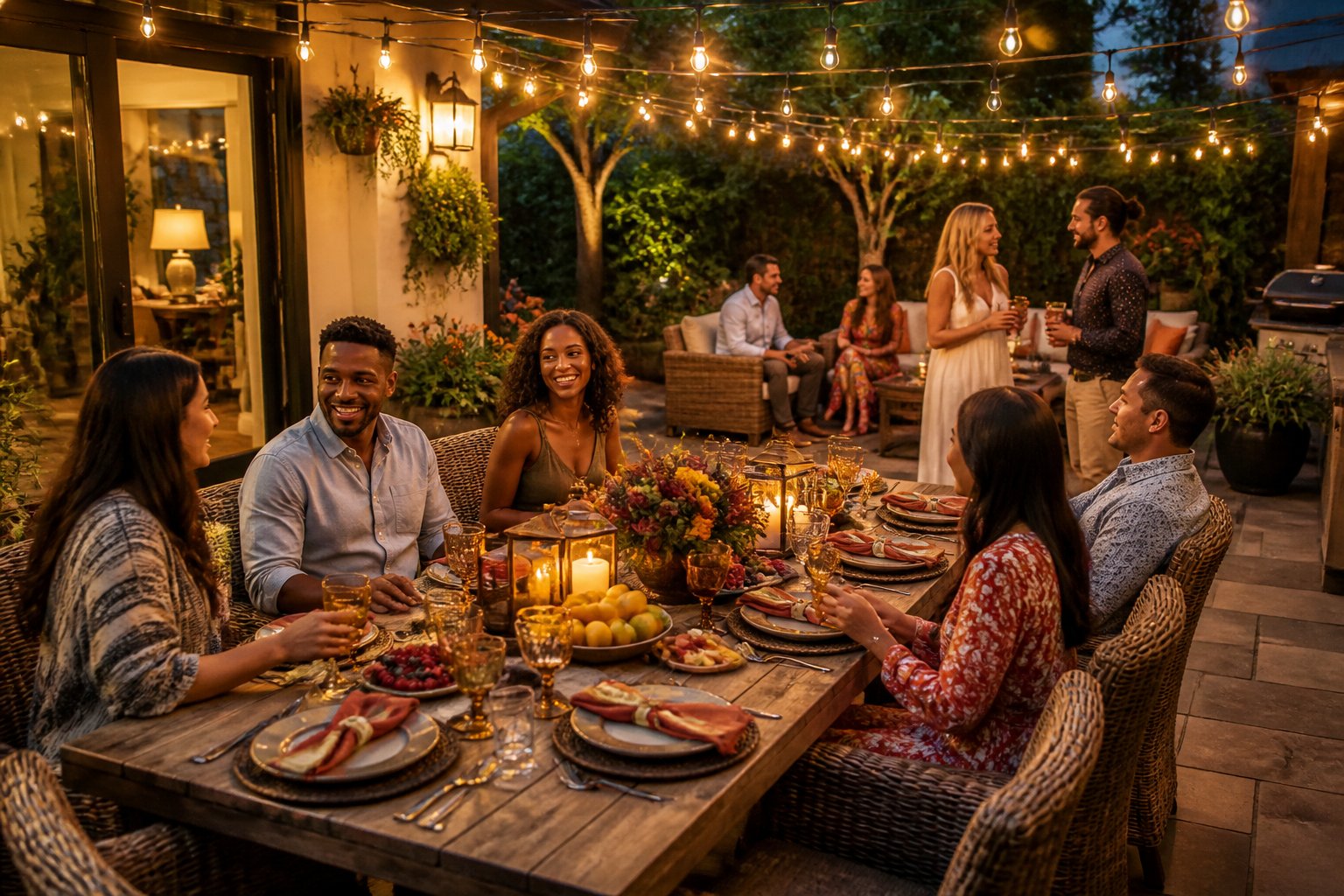 Friends enjoying food and conversation at a warmly decorated patio party.
