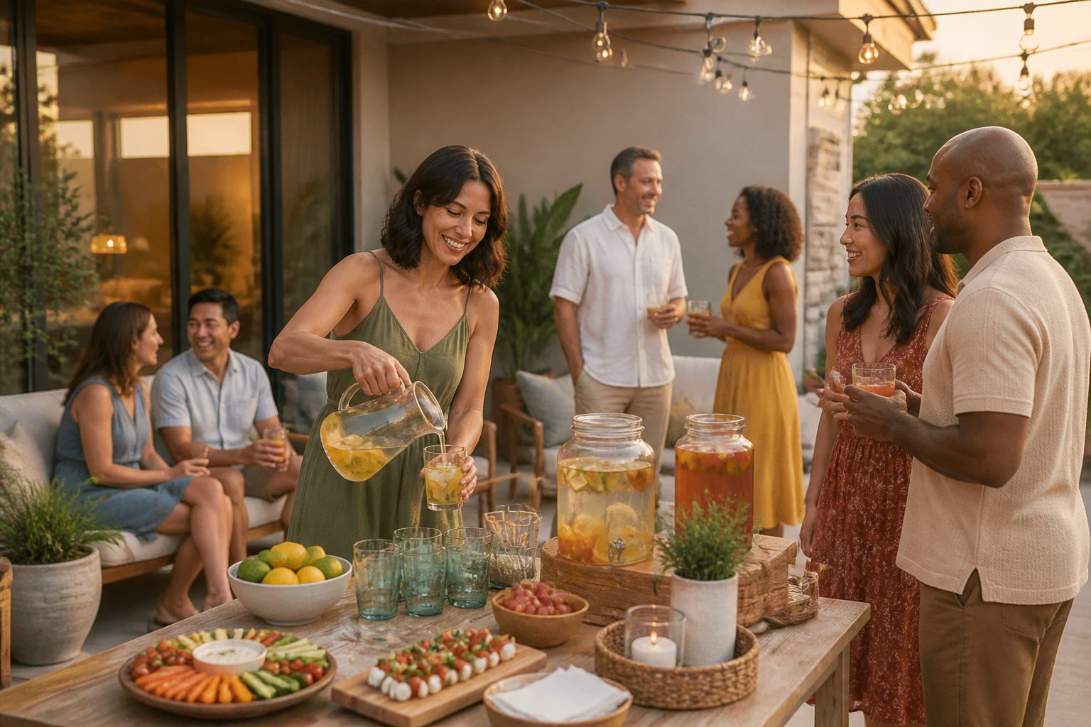 Friends gather on a patio while a host serves snacks and drinks.