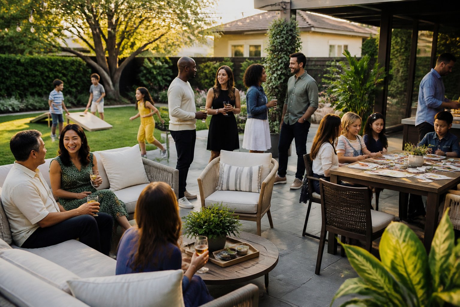 Guests of different ages enjoy conversation, lawn games, and crafts at a backyard patio party.