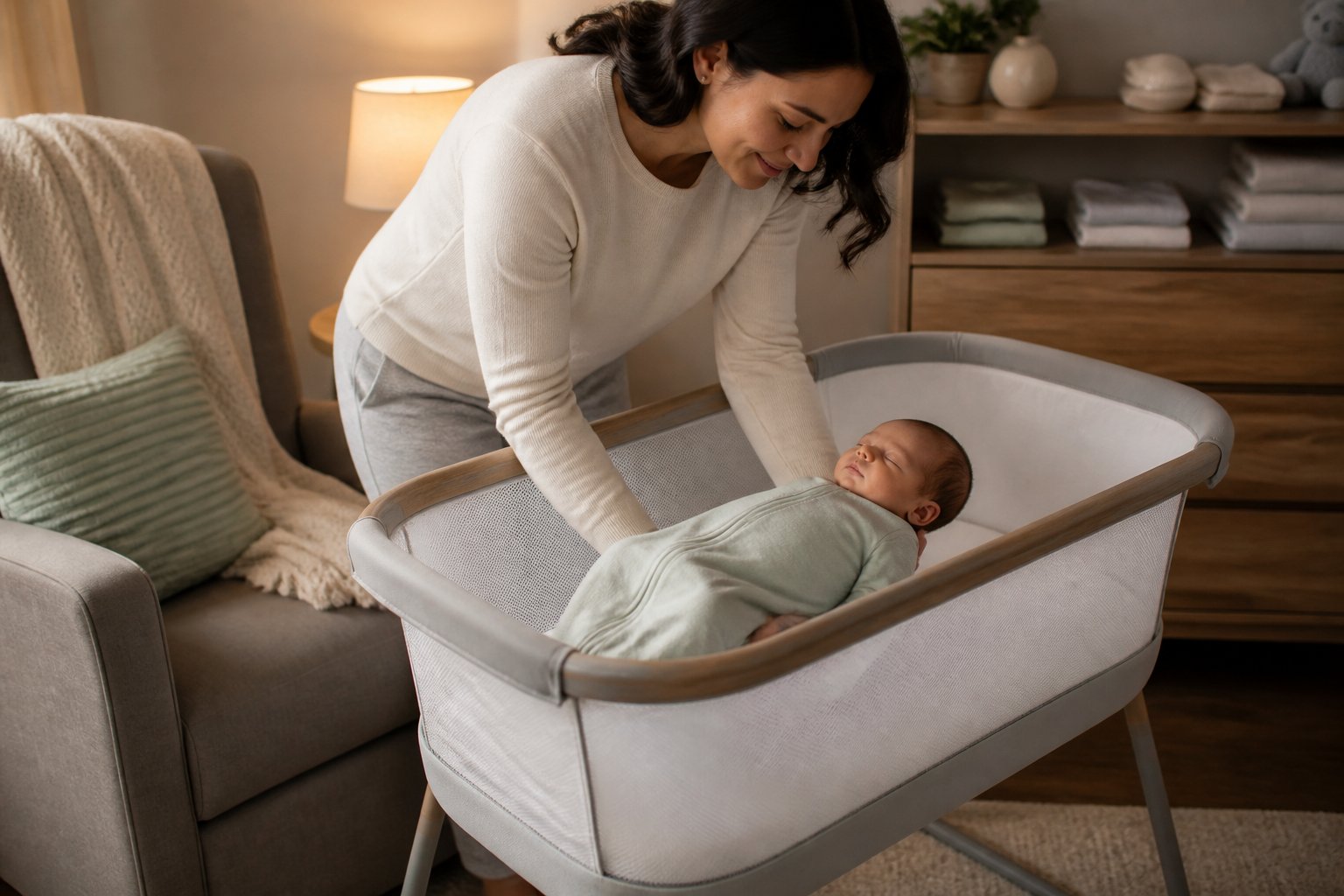 A parent gently places a sleeping newborn on their back in a clear, empty bassinet.