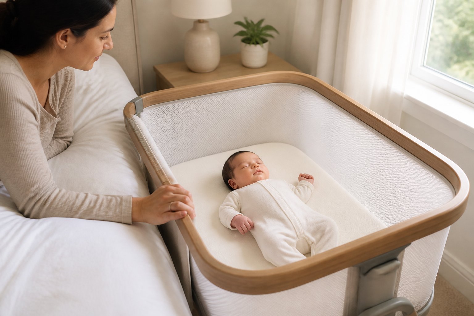 A sleeping newborn lies on their back in a clear, uncluttered bassinet beside a bed.