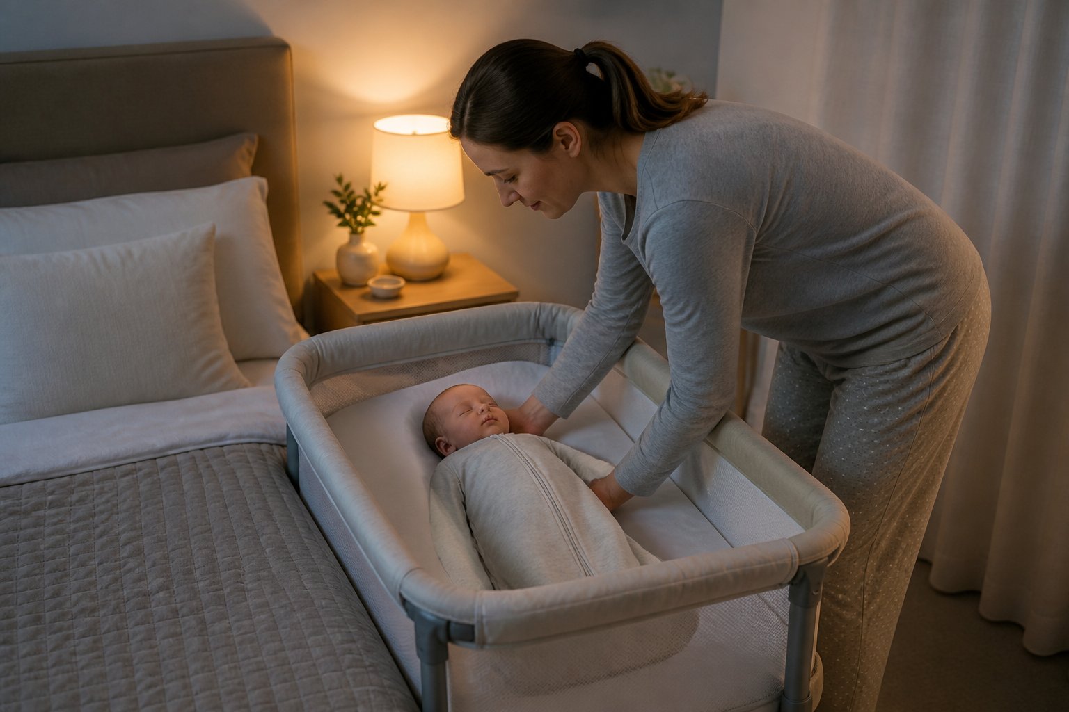 A parent gently places a sleeping newborn on their back in a bassinet beside a bed.
