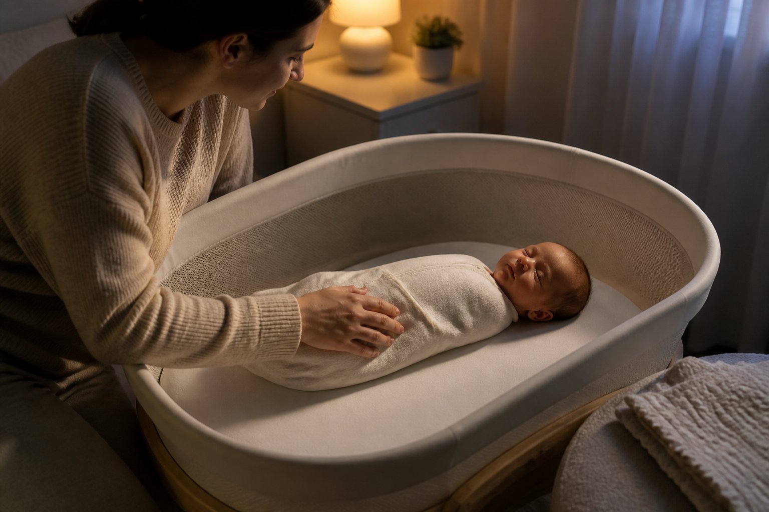 A parent gently settles a newborn sleeping safely on their back in a bassinet in a softly lit nursery.
