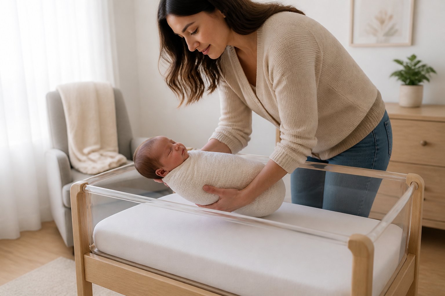 A caregiver gently places a sleeping newborn on their back in a bassinet.