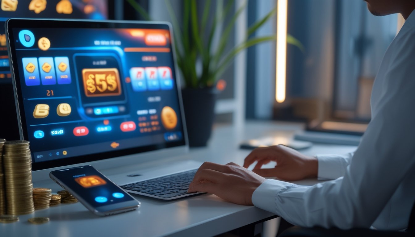 Seseorang menggunakan laptop dan ponsel di ruang kerja modern dengan elemen permainan digital dan koin.