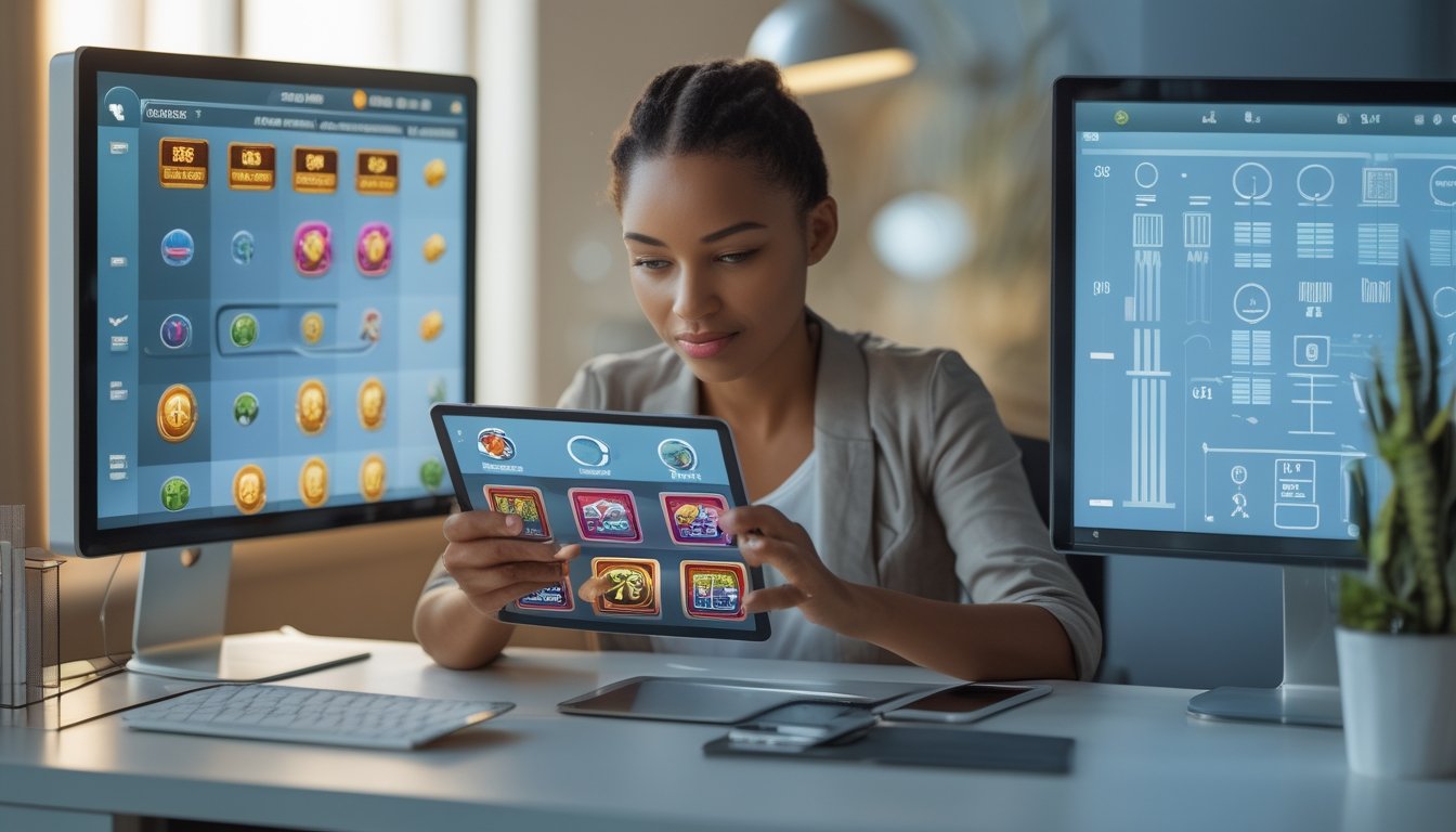 Seorang pemain dewasa mempelajari simbol permainan slot dan diagram abstrak di meja kerja modern.