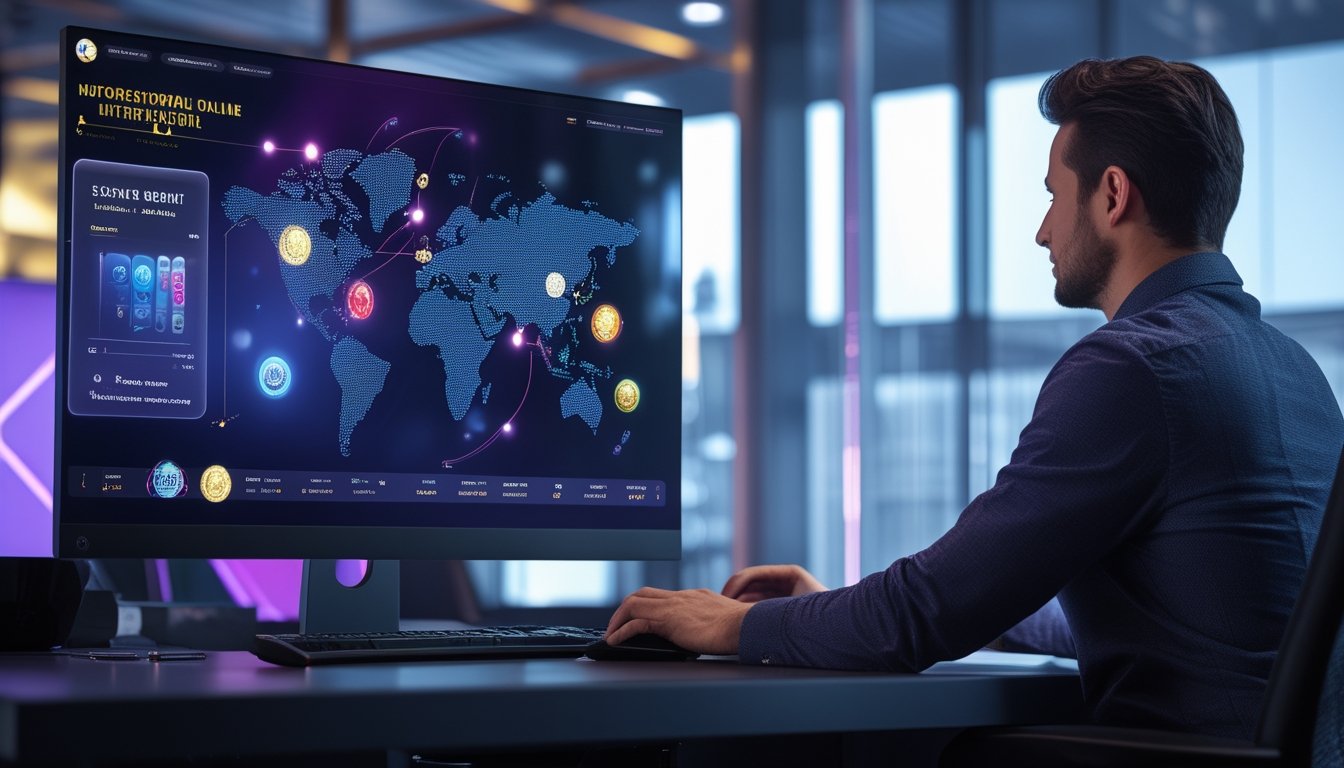 Seseorang menggunakan komputer dengan tampilan hiburan digital bertema permainan dan jaringan global di ruang kerja modern.