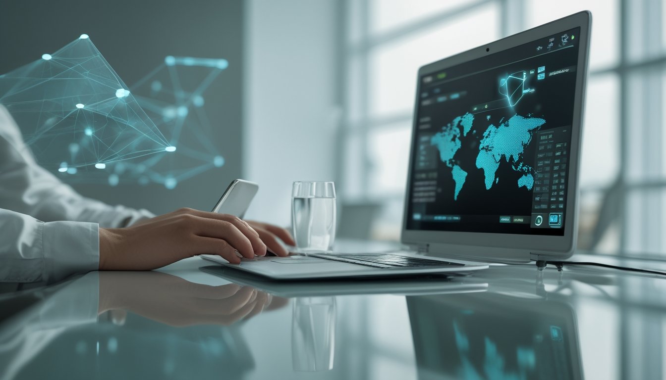 Seseorang menggunakan laptop dan ponsel di ruang kerja modern dengan cahaya biru-hijau dan elemen konektivitas digital abstrak.