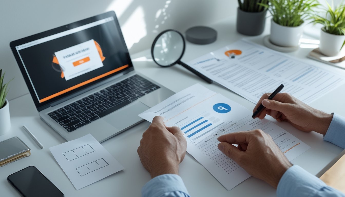 Seseorang memeriksa situs web menggunakan laptop, dokumen hukum, kaca pembesar, dan simbol keamanan.