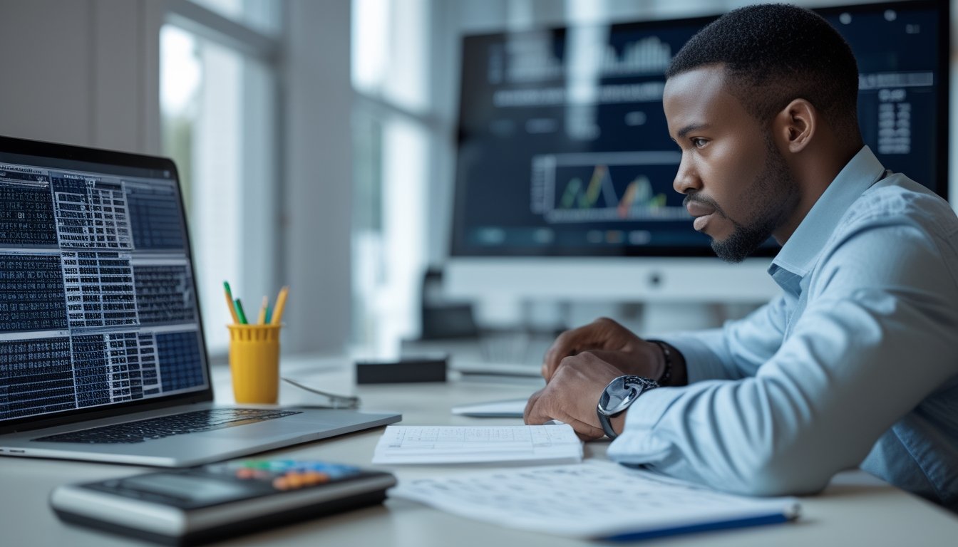 Seorang analis memeriksa pola data di meja kerja modern dengan laptop, kalkulator, dan catatan.