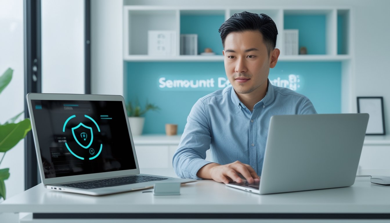 Seseorang menggunakan laptop untuk membuat akun pada platform digital di ruang kerja modern.