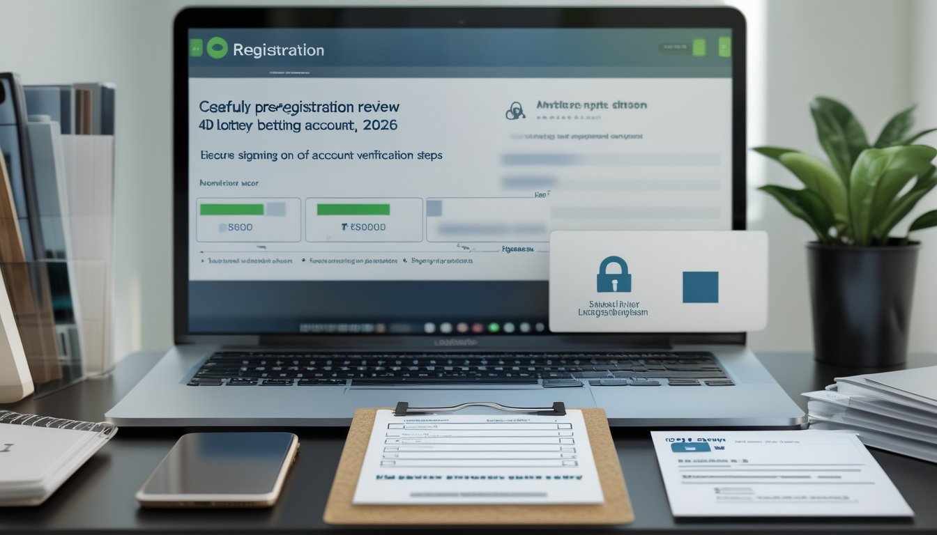 Seseorang memeriksa persyaratan dan keamanan sebelum membuat akun taruhan online di meja kerja.