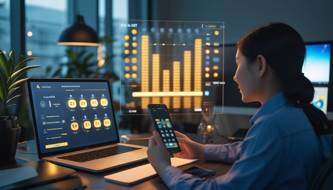Orang dewasa memeriksa platform lotre digital dengan angka dan grafik hadiah pada laptop dan ponsel.