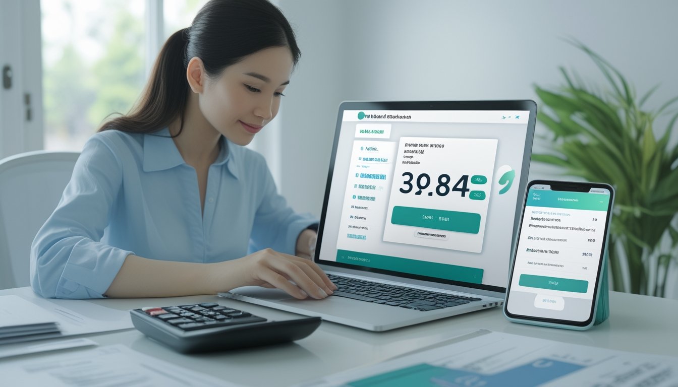 Orang dewasa memeriksa proses pembayaran digital pada laptop di meja kerja modern.