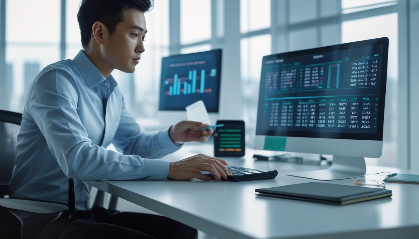 Seorang analis meninjau pola angka dan grafik probabilitas di meja kerja dengan laptop dan monitor.