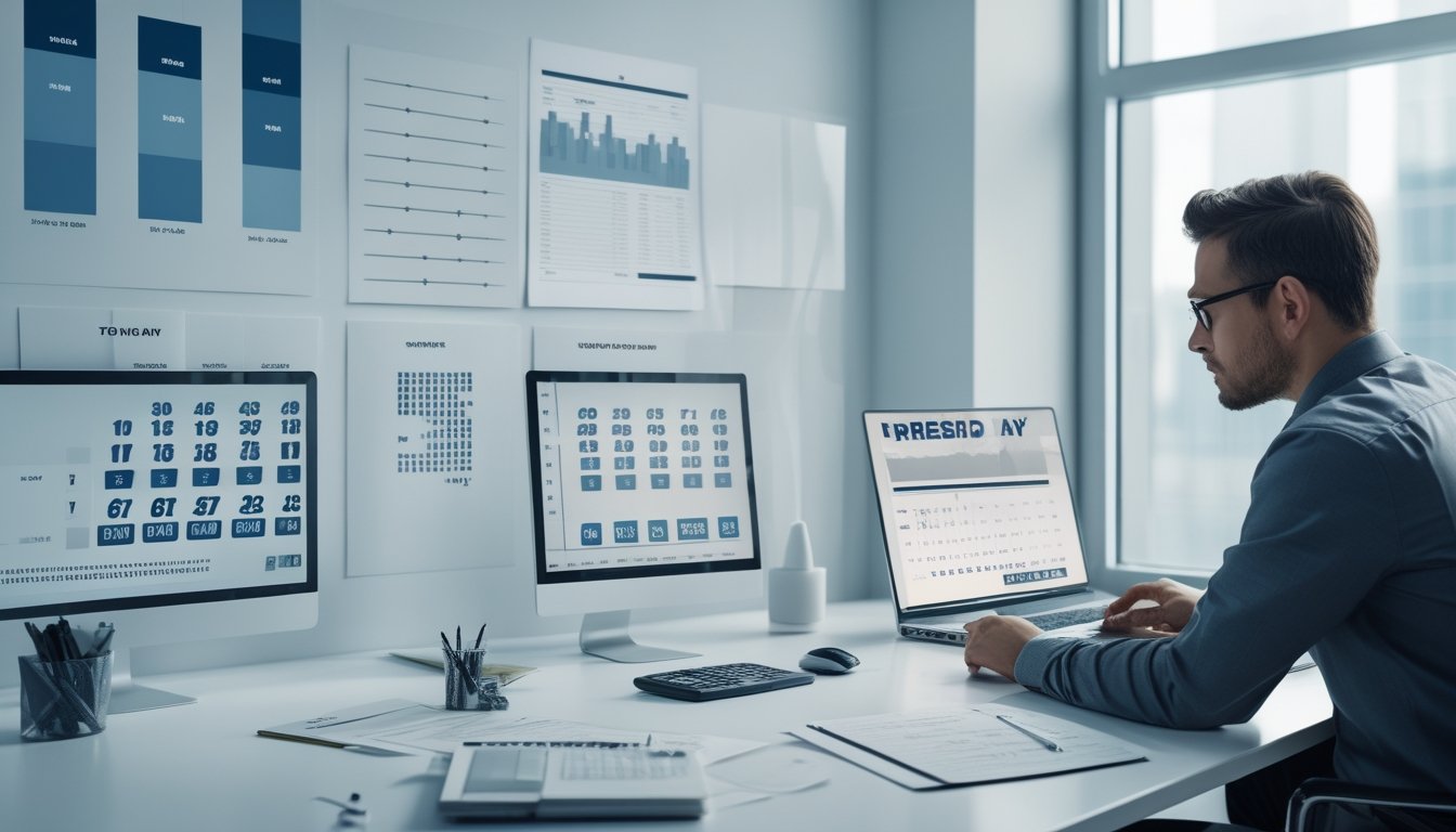 Seorang analis mempelajari pola angka dan grafik probabilitas di meja kerja modern.