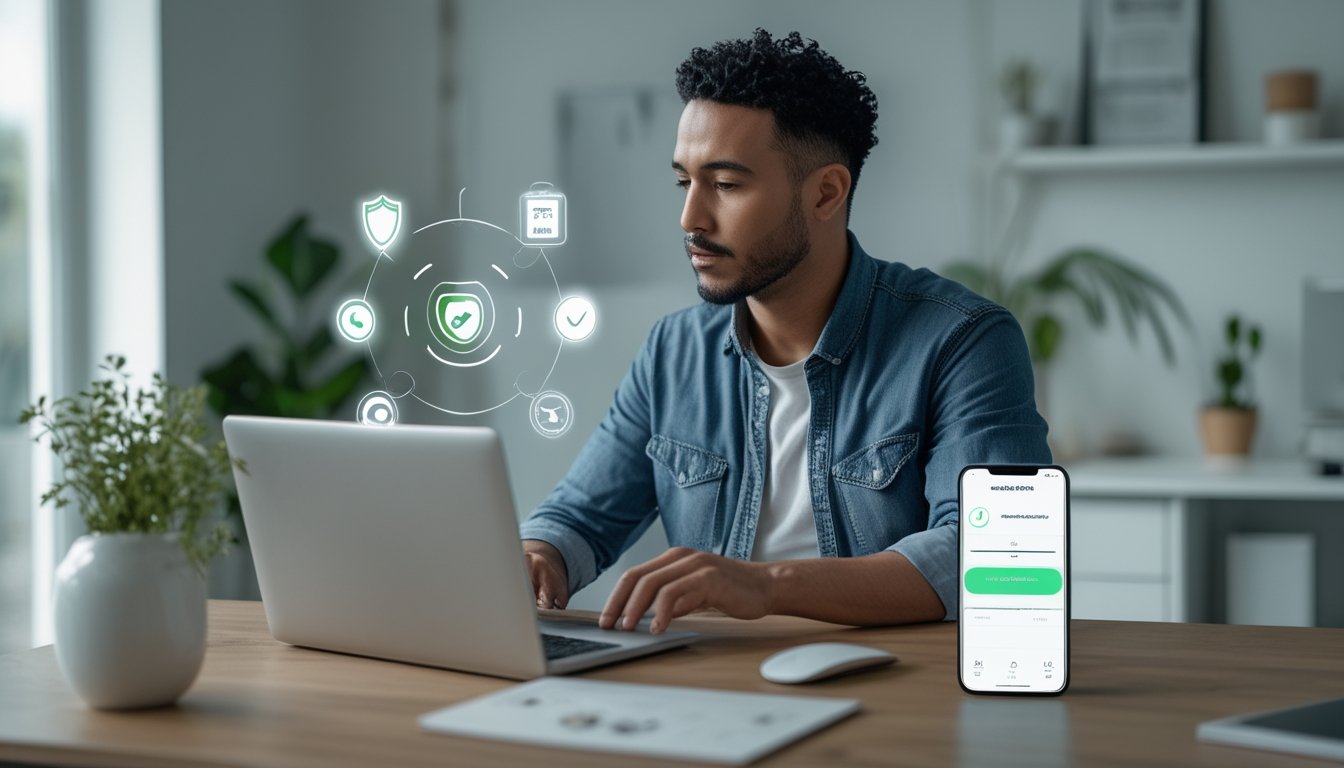 Orang dewasa memeriksa layanan online di laptop dengan simbol keamanan digital di ruang kerja modern.