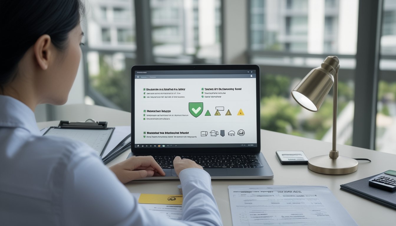 Seseorang memeriksa layanan online di laptop dengan dokumen, kalkulator, dan simbol keamanan di meja kerja.