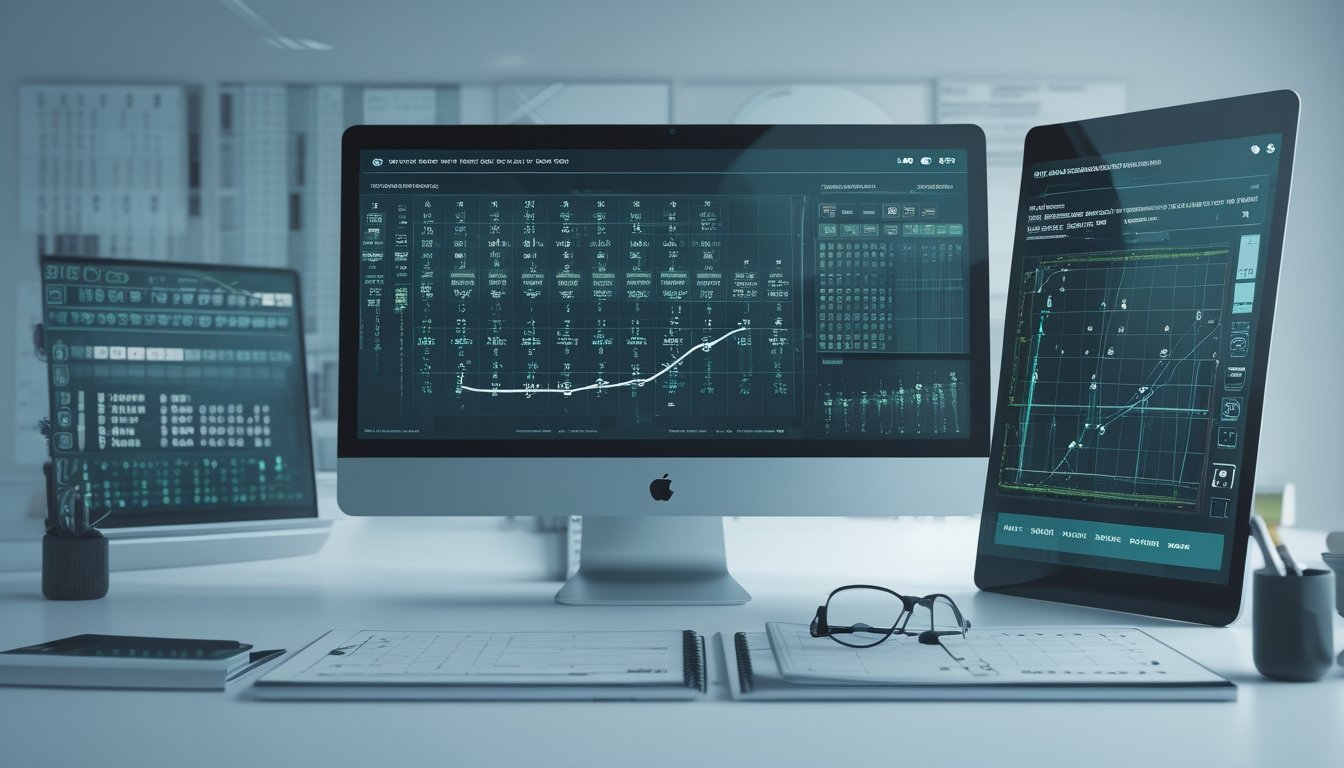 Seorang analis mempelajari pola angka dan grafik statistik pada beberapa perangkat di ruang kerja modern.