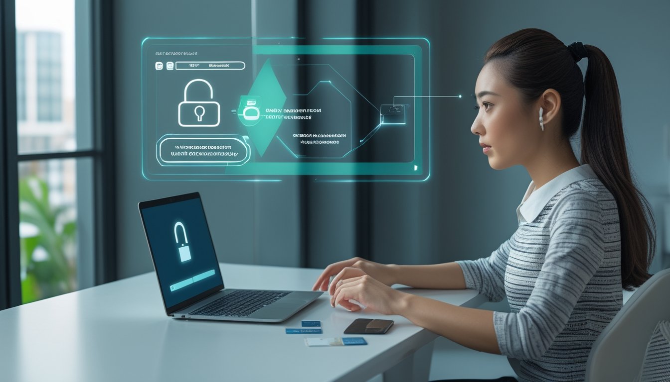 Seseorang memeriksa transaksi digital yang aman menggunakan laptop dan ponsel di meja kerja.