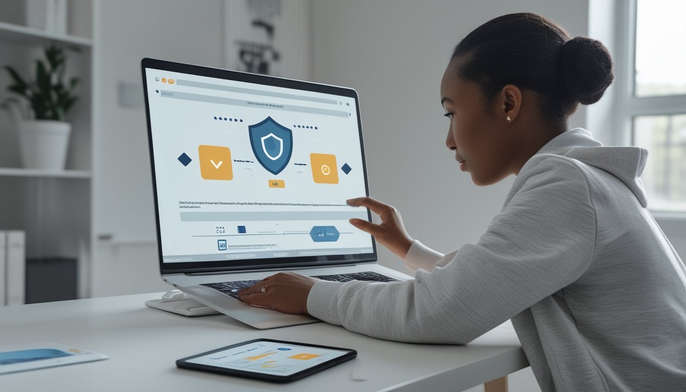 Seseorang memeriksa keamanan dan legalitas platform online menggunakan laptop, dokumen, dan simbol perlindungan data.