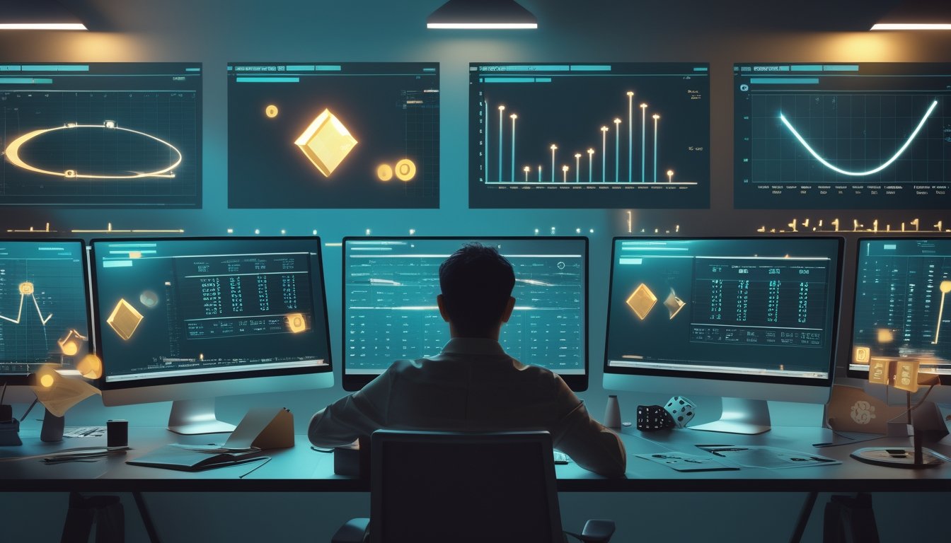 Seseorang menganalisis pola angka dan grafik probabilitas di meja kerja modern dengan dadu serta kartu yang tersebar.