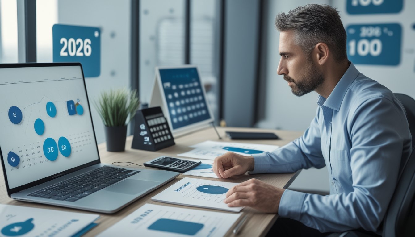 Seorang analis profesional memeriksa data abstrak pada laptop di meja kerja modern dengan kalender dan kalkulator.
