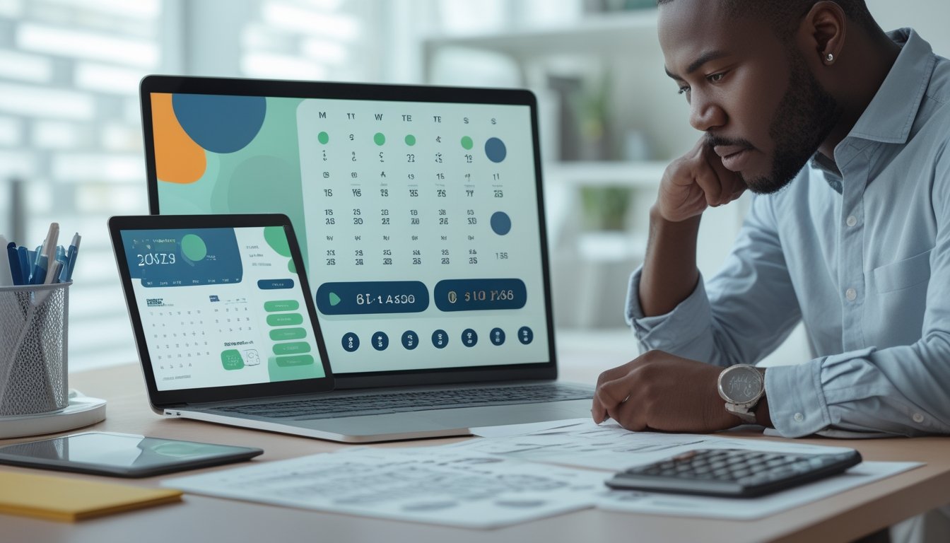 Seorang profesional meninjau kalender dan grafik abstrak di meja kerja modern.