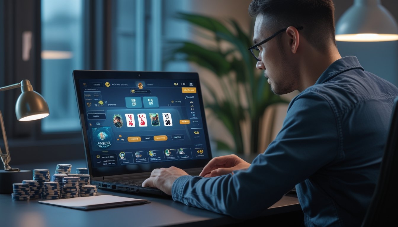 Pemain poker online mengamati layar laptop dengan fokus untuk membaca gertakan lawan.