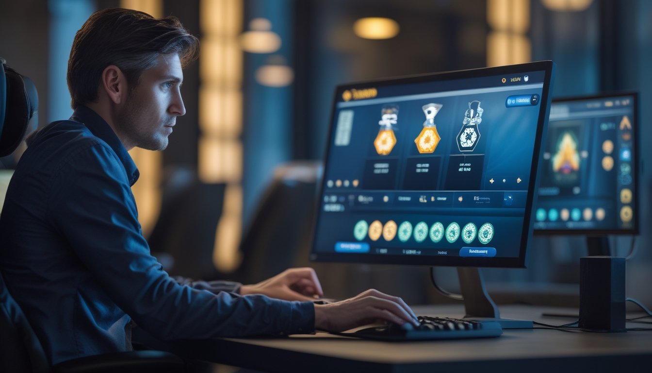 Seorang pemain mengamati meja poker digital di monitor sambil menganalisis gerak lawan.