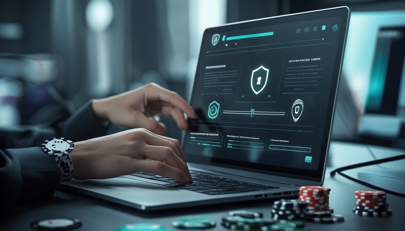 Seseorang menilai keamanan platform poker online di laptop dengan simbol perisai dan kunci, ditemani kartu serta keping poker.