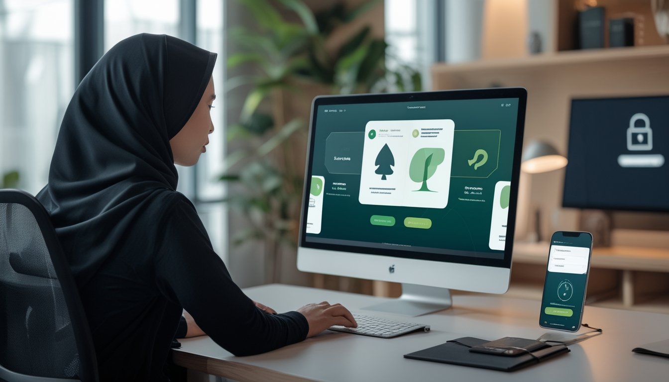 Orang dewasa menggunakan laptop dan ponsel untuk mendaftar layanan poker daring dengan pembayaran dompet elektronik.
