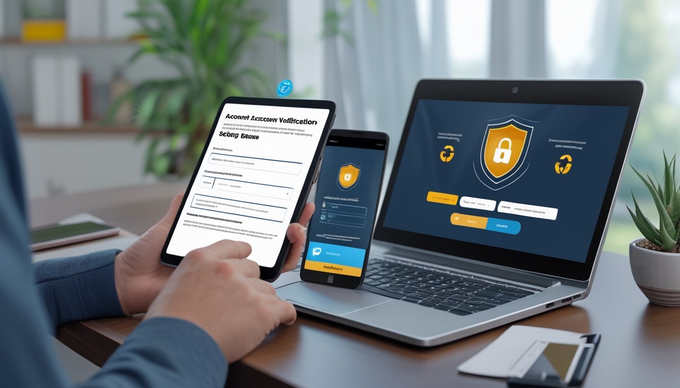 Seseorang memeriksa persyaratan pembuatan akun di laptop dan ponsel dengan simbol keamanan serta dompet digital.