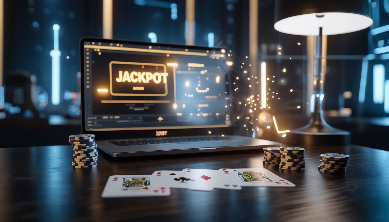 Laptop dengan meja poker digital, kartu remi, dan tumpukan chip di atas meja elegan.