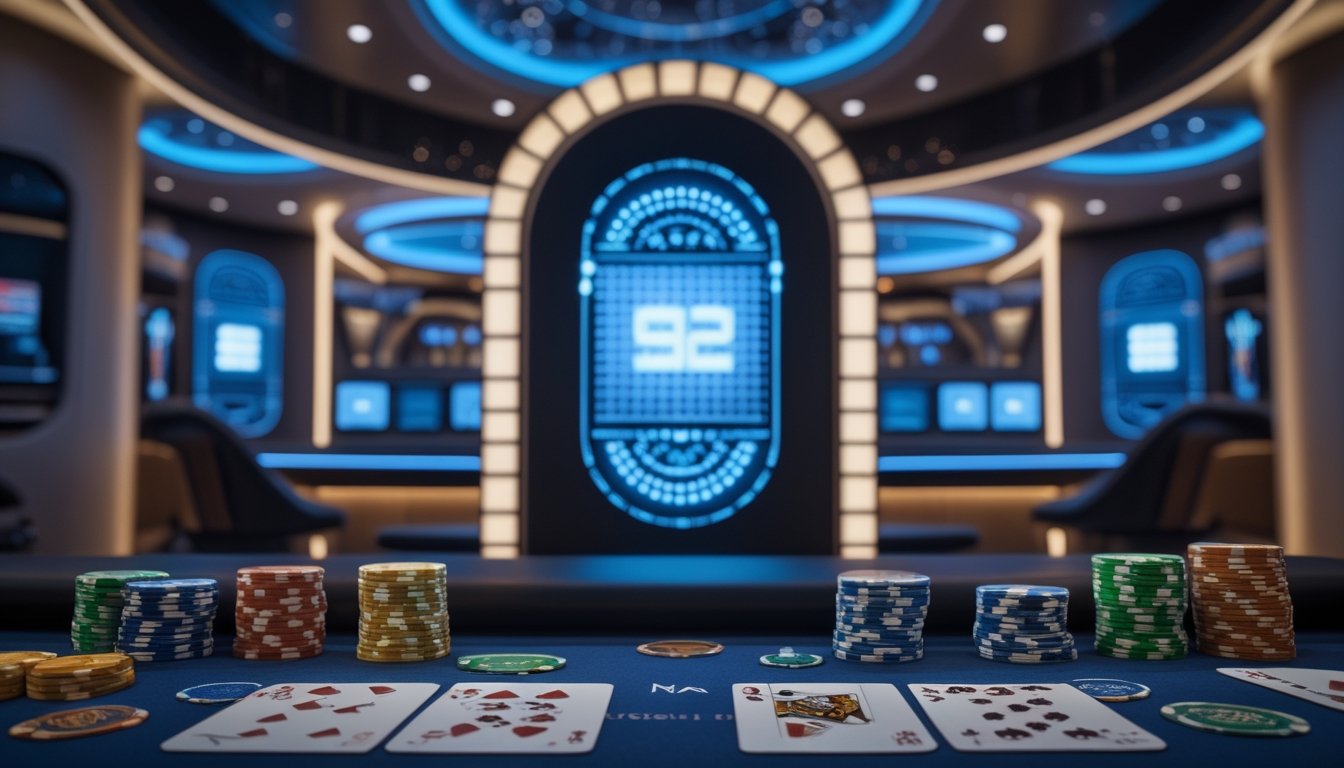 Meja poker modern dengan kartu, keping taruhan, dan visual jackpot digital yang menunjukkan hadiah progresif serta hadiah tetap.