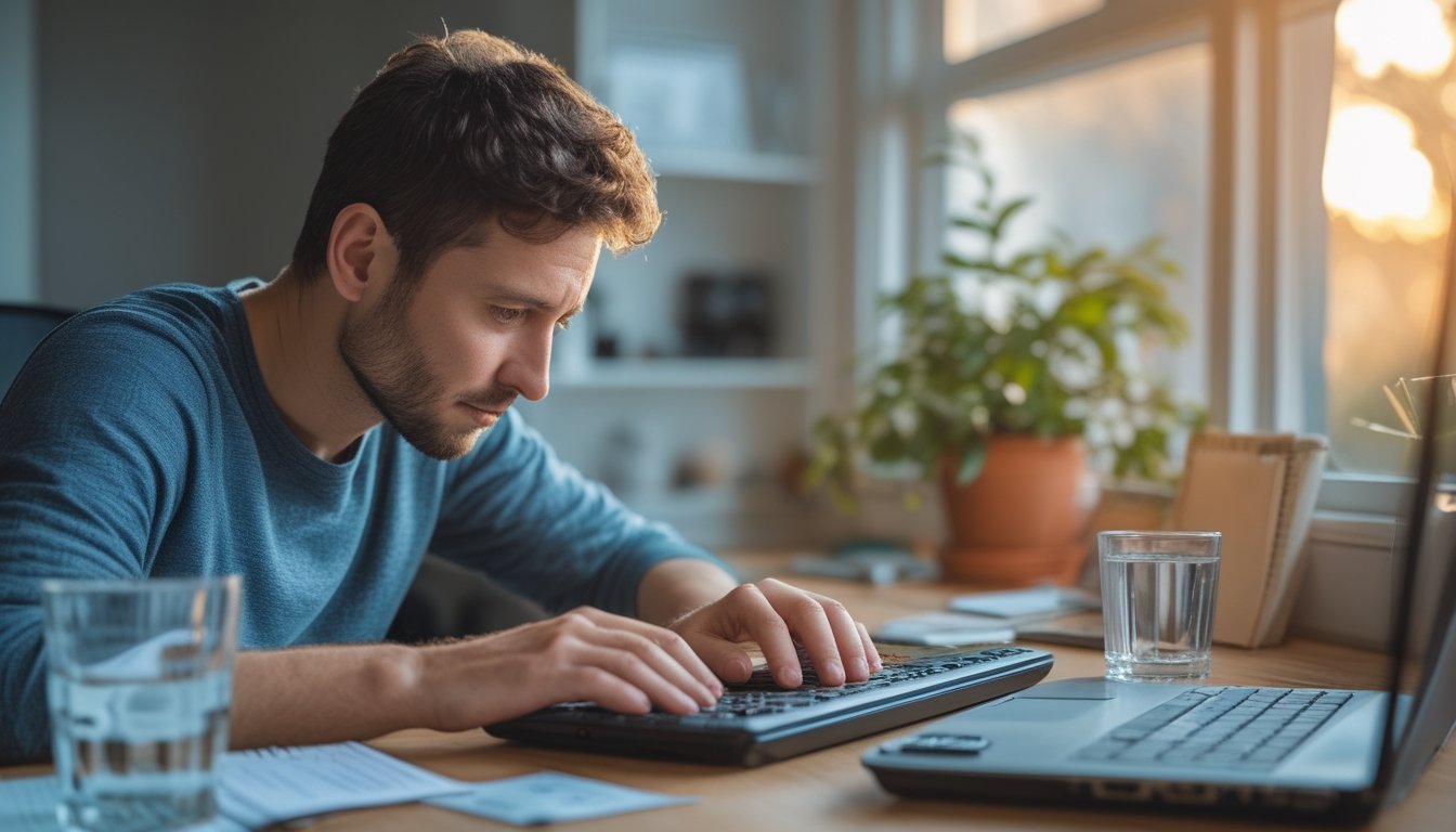 Seseorang duduk merenung di meja kerja setelah bermain poker online, dengan laptop, buku catatan, dan segelas air di sekitarnya.