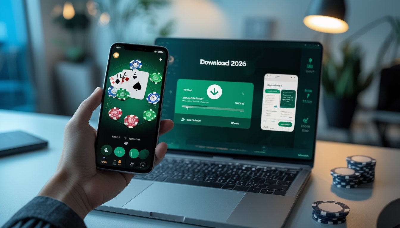 Seseorang memegang ponsel dengan tampilan aplikasi poker abstrak di samping laptop dan perlengkapan kartu.