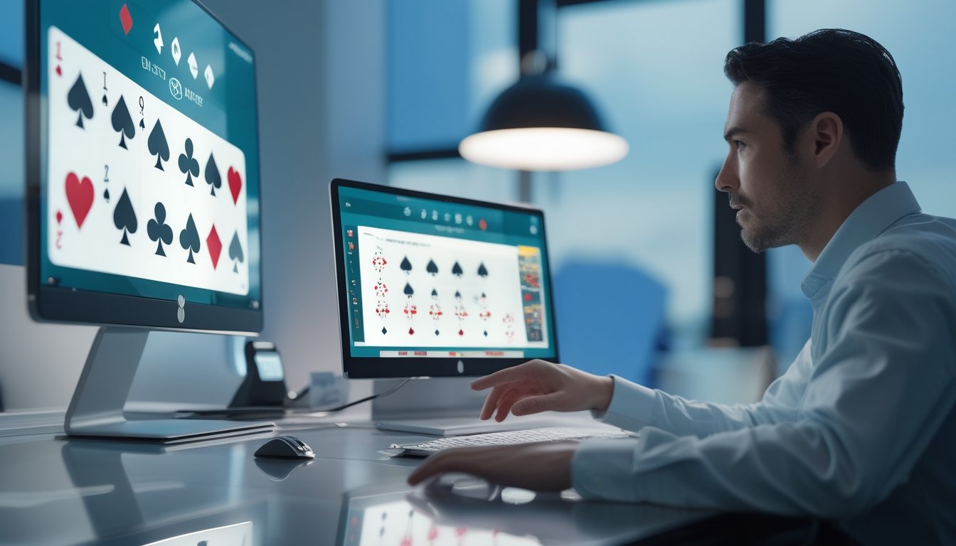 Seseorang menggunakan komputer dan ponsel dengan tampilan bertema poker di meja kerja modern.