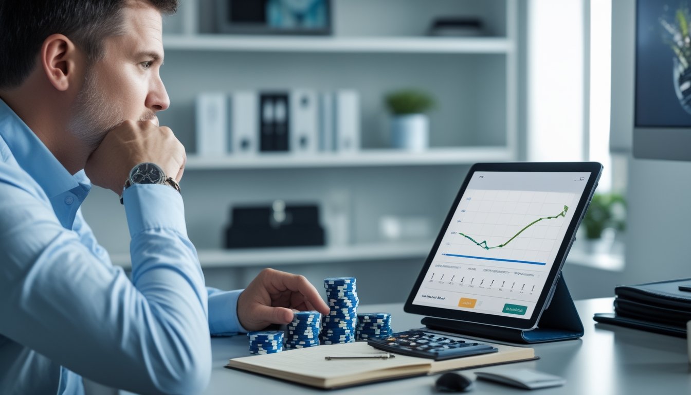 Seorang pria menata tumpukan chip poker, kalkulator, dan tablet berisi grafik di meja kerja yang rapi.