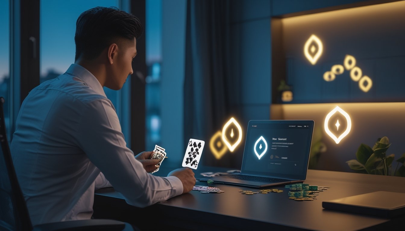 Pria dewasa meninjau laptop dengan kartu remi dan keping poker di meja, disertai simbol hadiah digital yang abstrak.