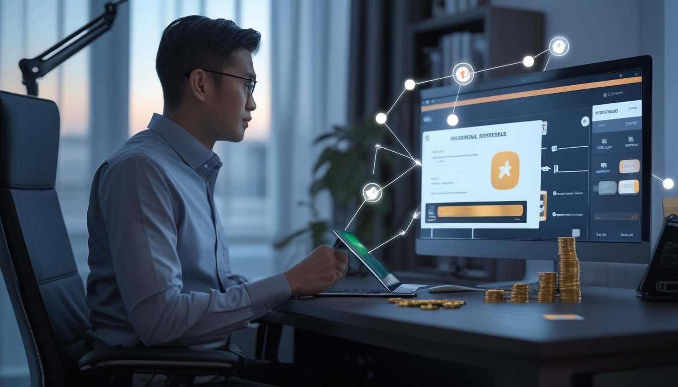 Orang dewasa melihat laptop dengan simbol bonus, koin, dan koneksi referral di meja kerja modern.