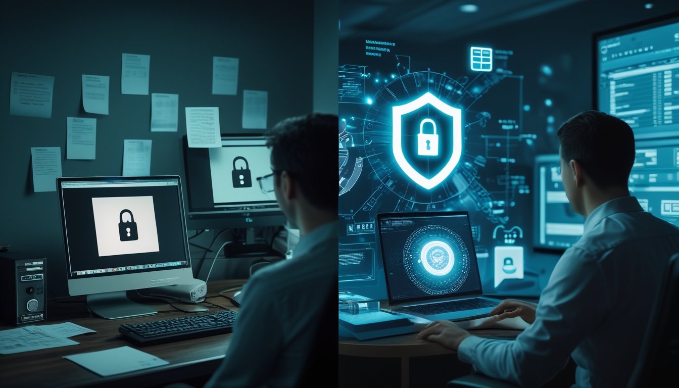 Perbandingan sistem keamanan digital lama dan modern pada dua ruang kerja dengan komputer, simbol perisai, dan perlindungan biometrik.